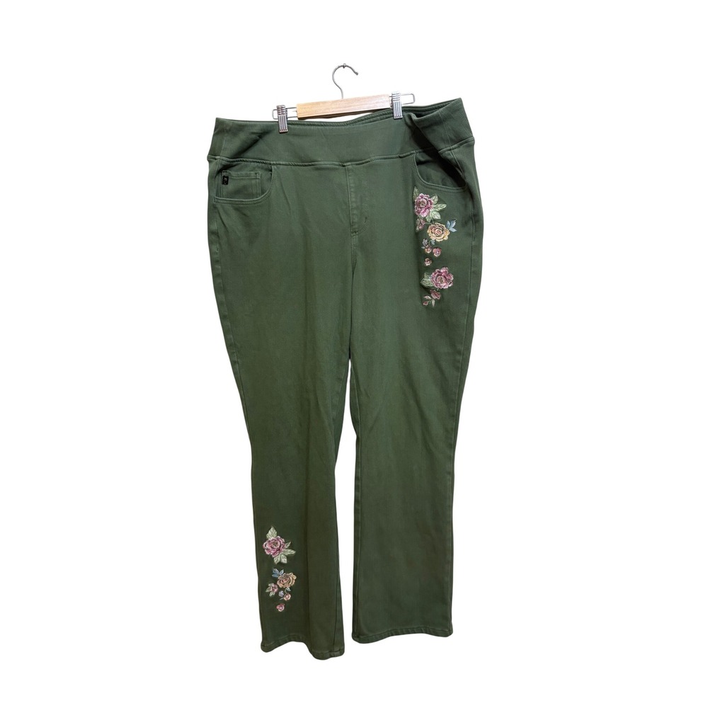 Belle by Kim Gravel Olive Green Floral Embroidered Pull On Pants Plus Size 22WT
